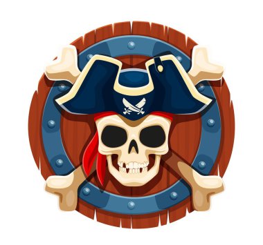 Ahşap kalkanında çapraz kemikler olan karikatür kaptanı kafatası. Kızgın korsan iskelet iskeleti korkunç bir gülümseme ve siyah tricorn şapka ve kırmızı bandana takan çapraz kemikler. Heraldik korsanlık sembolü
