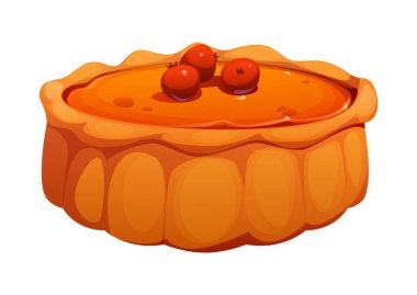 Kırmızı böğürtlenli, portakal dolgulu ve altın hamurlu çizgi film kabağı turtası. Tatlı, iştah açıcı tatlı, Şükran Günü tatili ve güz şenlikleri için hasat sembolü.