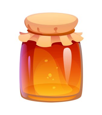 Altın bal ya da şurupla doldurulmuş, kumaş kapakla mühürlenmiş çizgi film cam kavanozu. Şükran Günü 'nüz kutlu olsun ve hasat sembolü tatlılığı ve tazeliği işaret ediyor. Mutfak, arı ya da kahvaltı teması için.