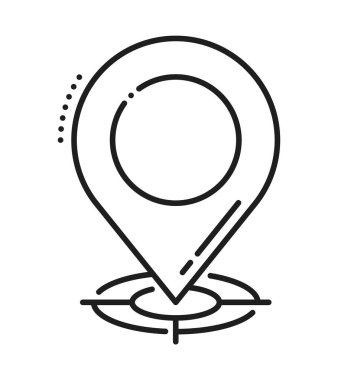 Seyahat konumu konum çizgisi simgesi veya pictogram. Seyahat yönü pin ince çizgi vektör simgesi, konum işaretleyici çizgi resimtogram. Hedef ana hat sembolü veya navigasyon noktası doğrusal işareti