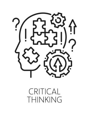 Kritik yaşam becerileri çizgi ikonu ya da pictogram. İnsanlar potansiyel vektör ikonu, kişilik yaşam becerileri piktogramı. Bulmacalı insan eleştirel düşünme yeteneği sembolü, baş siluetinde çark