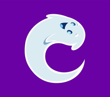 Cadılar Bayramı yazı tipi C harfi hayalet çizgi filmi mutlu karakter. Ürkütücü hayalet maskot yazı tipi, Cadılar Bayramı canavarı kişilik yazı tipi ya da korkunç tatlı karakter Latin alfabe vektör harfleri. İngilizce ABC sembolü