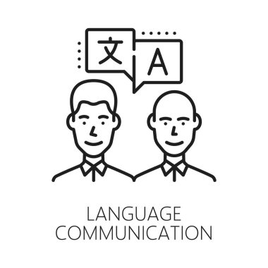İngilizce iletişim ve çeviri satırı simgesi veya amblemi. İngilizce sözlük doğrusal vektör işareti, çeviri simgesi. İletişim kuran iki adamın yabancı dildeki sembolü.