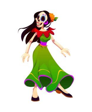 Ölen Catrina dansçısının bayram karakteri, dia de los muertos Meksikalı kadın iskelet renkli bir elbise giymiş geleneksel dans eden flamenko, bayram etkinliğini kutluyor.