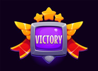 Zafer ödülü ikonu. Vektör Ui rozet varlığı mor kare ekranlı ve kelime zaferi, altın kanatlar, yıldızlar, parlak kırmızı kurdeleler. Oyun salonu, mobil ya da çevrimiçi oyunlar için çizgi film ödülü ekranı açar