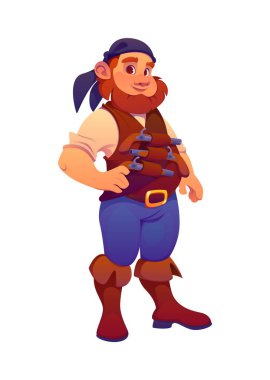 Çizgi film korsan gemisi karakteri sakallı, bandanalı, çelik yeleği tabancalı ve kendine güvenen duruşu olan. İzole edilmiş vektör kabadayı denizci kişiliği oyun, kitap hikayeleri veya fantezi temalı maceralar için