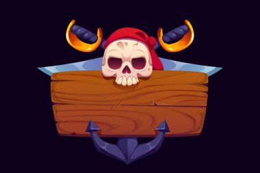 Çapraz kılıçlı korsan ahşap tabela, korsan kafatası, gemi çapası. Vektör karikatür ahşap pankart veya eski ahşap desenli tabela ve bandanalı neşeli roger kafatası, korsan oyunu UI varlık