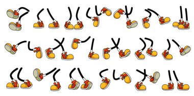 Çizgi film maskotu bacakları ve ayakları. Turuncu retro ayakkabılarla çizgi film bacaklarıyla çeşitli hareketler ve animasyonlar için karakter pozları sergileyen bir vektör seti.
