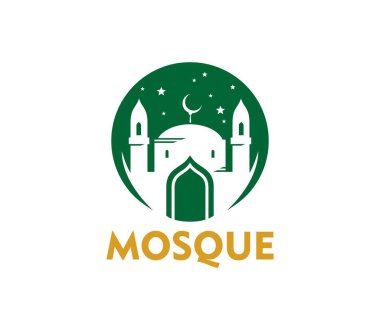 Üzerinde minareler ve hilal bulunan bir cami binasını çevreleyen yeşil bir çember bulunan Ramazan Müslüman cami simgesi, İslam kültürünü ve ruhaniliğini sembolize ediyor. Dini şenlikler için vektör amblemi