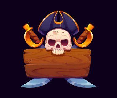 Çapraz kılıçlı tahta tabela ve korsan kaptan kafatası, vektör oyunu UI. Eski ahşap desenli çizgi film tahtası Corsair Tricorn şapkalı ve kılıçlı neşeli Roger, korsan parti tabelası.