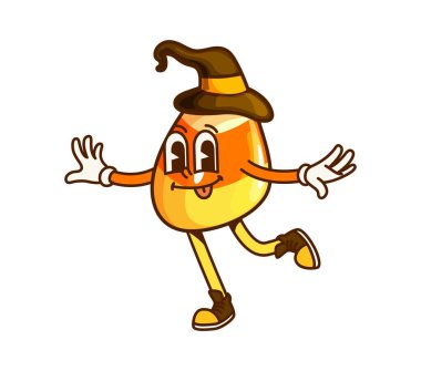 Cadı şapkalı karikatür cadılar bayramı mısır şekeri karakteri. İzole vektör tatlı şekerlemeler, bayram pastası retro kişiliği, gülen yüzlü karamel şekerlemeler, parti tatlıları.