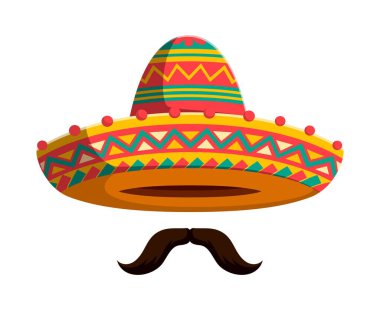 Meksikalı çizgi roman mariachi sombrero şapkalı ve bıyıklı. Ayrı bir vektör geleneksel charro şapkası, canlı desenlerle süslenmiş, Latin kültürünü, şenlik ruhunu ve ülkenin canlı geleneklerini simgeliyor.