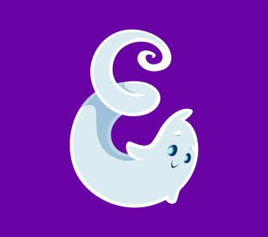 Cadılar Bayramı yazı tipi E harfi hayalet çizgi film karakteri. Korku Hayaleti yazı tipi elemanı, Cadılar Bayramı hayalet yazı tipi ya da ürkütücü yaratık alfabe vektör sembolü. İngilizce ABC harfi