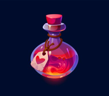 Aşk büyüsü sihirli iksir şişesi ya da Cadılar Bayramı iksiri, çizgi film vektörü. Cadı zehri ya da aşk iksiri. Cadılar Bayramı simya ya da iksiri için kalp etiketi ve camda kırmızı sıvı madde var.