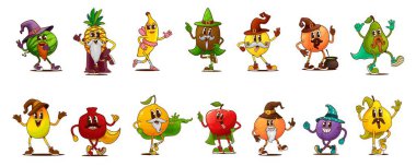 Muhteşem meyve Cadılar Bayramı büyücüsü ve büyücü karakterleri, vektör çilek kişilikleri. Çizgi film eski moda elma, portakal, karpuz ve ananas, hippi muzu, limon ve şeftali meyveli sihirli şapkalar.