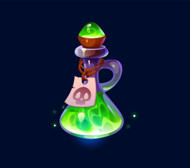 Cadı sihirli iksir şişesi, Cadılar Bayramı 'nda parlayan yeşil bir sıvıyla dolu sihirli iksir şişesi. Karikatür vektör fantazisi kafatası etiketi ile süslenmiş, gizemli veya sihirli iksir önerir