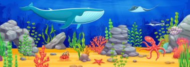 Su altı manzarası ve deniz hayvanlarıyla çizgi film geçmişi. Mavi balina, iğneli vatoz, ahtapot ve yengeç gibi deniz tabanına dikilmiş ve taşları olan sualtı dünyası oyun vektörü.