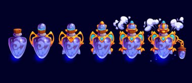 Hava büyüsü rozeti, oyun düzeyi ilerleme aşaması. Çizgi film vektörü sihirli iksir şişesi evrimi. Şeffaf mor cam matara fantezi varlığı yavaş yavaş altın süsler ve mavi mücevherlerle dönüşür.