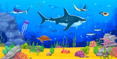 Köpekbalığı ve manta vatozlu sualtı manzara oyunu, karikatür vektörü. Balıklı, batık gemili ya da sualtı dünyası ya da sualtı oyun alanı için teknesi olan kaplumbağa ve kılıçbalığı karakterleri.