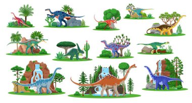 Jurasik orman ağaçları, dağlar ve şelaleli tarih öncesi dinozor karakterleri. Allosaurus, suchomimus, anchisaurus 'un vektör dino kişilikleri. Şirin aralosaurus, pelorosaurus ve kileskus.
