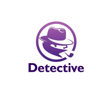 Polis müfettişi ya da gizli ajan vektör amblemi olan özel dedektif ikonu. Dedektiflik bürosu veya adli soruşturma şirketi için şapkalı ve pipo ikonlu casus adam silueti.
