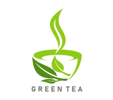 Bitkisel içecek için yeşil çay ikonu veya sıcak içecek ve ürün paketi, vektör sembolü. Yeşil yapraklı sıcak buharın doğal yeşil çay ikonu ve organik bitkisel yeşil çay için çay fincanı.