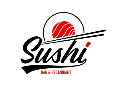 Asya mutfağı için Japon suşi restoranı ikonu, vektör amblemi. Otantik Japon mutfağı tabelası için Japon bayrağı şeklinde çubuklu suşi bar ikonu ve balık rulosu maki.