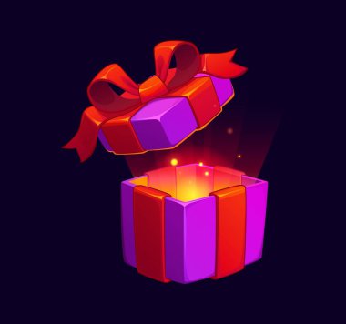 Bonus ödülü veya GUI varlığı için sihirli parlayan hediye kutusu ikonu, çizgi film vektörü. Oyun ödülü ya da sürpriz hediye için açılış kapağı olan mor hediye kutusu. Altın ışık parıltısıyla tam teşekküllü ödül.