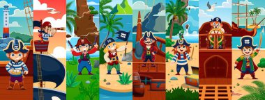 Komik çocuk korsanlar ve korsan denizciler kolajı, vektör geçmişi. Karayipli korsanlar gemideki veya teknedeki çocuklar, Tricorn şapkalı çocuk kaptan ve hazine adasında dürbünlü kız kaptan.