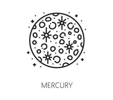 Merkür gezegeninin çizgi galaksisi ikonu kraterler ve kıvılcımlarla dolu. Astronomi, astroloji, güneş sistemi keşfi, eğitim bilimi ve uzay yolculuğunun vektör doğrusal kozmik sembolü