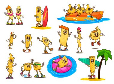 Çizgi film, yaz tatilinde İtalyan makarna karakterleri. Plajda sörf yapan, rafting yapan şişme yüzükle rahatlayan, futbol oynayan komik makarna karakterleri. Vektör retro komik erişte seti