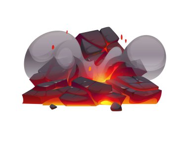 Ateşli çizgi film şöminesi kömürü ya da kor kömür parçaları ve kül, vektör ikonu. Şöminede ya da şöminede yanan odun kömürü közleri ve ateş ve duman bulutlarıyla kamp ateşi.