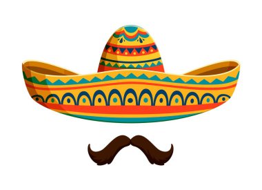 Tatil şenliği için bıyıklı Meksika mariachi şapkası, vektör ikonu. Meksika kültürü, geleneği ve Latin Amerika dekorasyonu Meksika karnavalı için sombrero ve bıyık sembolü