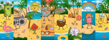 Çizgi film seyahatleri ve tatil karakterleri kolajı deniz sahilinde, vektör arka planda. Komik hindistan cevizi, dondurma ve disko topu ya da deniz tatillerinde yaz plajlarında tuhaf yüzlü muz meyvesi.
