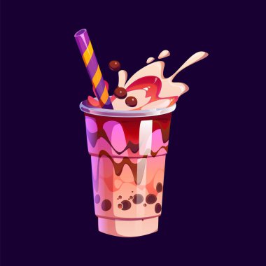 Süt köpüklü çay, biraz krema, meyve şurubu ve boba incileri, vektör karikatür tatlı içeceği. Sütlü çay bardağı ya da menü için saman ve böğürtlen reçeli içen tatlı milkshake bardağı.