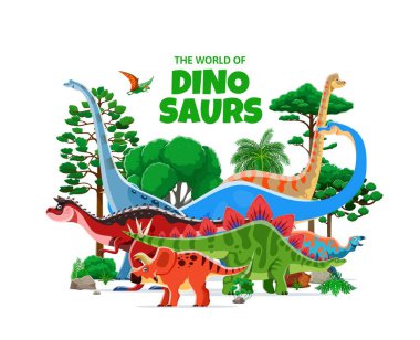 Tarih öncesi dinozorlar Jurasik kertenkeleler ve sürüngenlerle dolu park pankartı, çizgi film vektörü. Dino Parkı ya da Dinozor Dünyası Çocuk Paleontoloji Atlası Ormanda Tarih Öncesi Dinazorlar