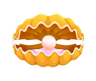 İnci kabuklu ya da istiridyeli istiridye, hazine mücevherli karikatür deniz kabuğu, izole vektör. Deniz tarağı ya da deniz altı ya da sualtı yumuşakçaları için inci küreli sarı deniz kabuğu.