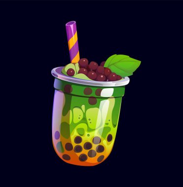 Süt köpüklü çay, cam bardakta milkshake, nane yapraklı içecek, vektör karikatür tatlısı. Süt köpüklü çay ya da boba incili tatlı içecek ve milkshake ya da tatlı içecekleri menüsü için kibrit çayı.