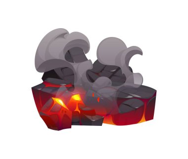 Kömür ya da şömine kömürü üzerinde ateş, kömür parçaları ve kül, çizgi film vektörü. Şöminede ya da şöminede ateş ve duman bulutlarıyla yanan odun ya da kömür közleri ve kamp ateşi.