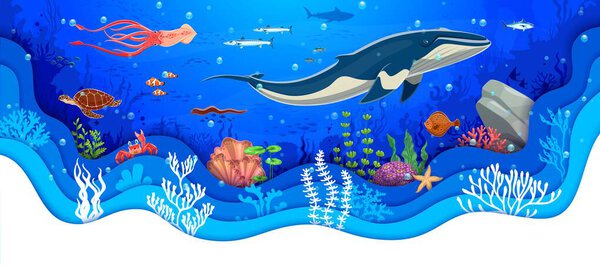 Paper cut underwater landscape with giant whale and seaweeds, vector sea animals and fishes. Funny turtle, starfish and crab with squid characters in paper cut coral reef underwater landscape