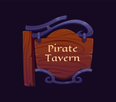 Corsair ve denizci Karayip maceraları için taverna tabelasının karikatür korsan simgesi, vektör sembolü. Ortaçağ bar barı ve liman barı için metal çerçeveli eski ahşap tahta üzerinde korsan tabelası.