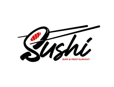 Çubuklar ve suşi rulolarının tipografiye entegre edildiği Japon somon balığı restoranı ikonu. Geleneksel Asya mutfağı, güzel yemekler ve suşi barları için siyah ve kırmızı simge.