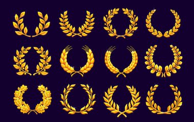 Altın defne çelengi oyun kazancını simgeliyor. Çizgi film vektör simgeleri altın defne, buğday ve meşe dalları, yaprakları veya sapları zaferi ve başarıyı, fantezi uygulamaları için ödülleri veya kutlamaları sembolize eder.