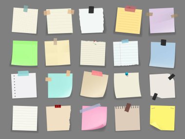 Not kâğıtları, ataçlar, yapıştırıcılar, yapıştırıcılar, yapışkan not defterleri ve hafıza bildirimi boşlukları. Yapılacak liste veya ileti not defteri, toplantı hatırlatıcısı, ofis bilgi panosu bülteni seti