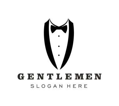 Erkek giysisi terzisi için erkek papyonu ya da kravat silueti olan smokin ikonu, vektör amblemi. Erkek butiği ya da düğün giysisi atölyesi ve erkekler kulübü prim tabelası için smokin ikonu