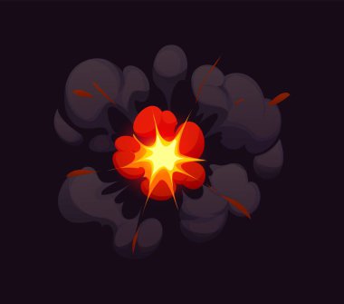 Çizgi film bomba patlama efekti, çizgi roman yangını ve duman bulutu. Vektör ateşinde patlayan dinamit, parlak turuncu ve sarı alevlerle birlikte koyu kalın dumanla çevrili komik patlama efekti