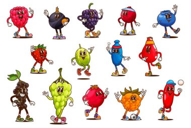 Çizgi film, spor yapan karikatür, komik meyve vektörü karakterleri. Şirin saykodelik ahududu, çilek, üzüm ve kızılcık, eski moda böğürtlen, Bektaşi üzümü ve gül ağacı.