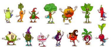 Çizgi film, cadılar bayramı büyücüleri ve sihirli şapkalı ve pelerinli sebze perileri. Vektör hippi sihirbazlar, sebze kişiliği, harika domates, havuç, avokado, biber ve brokoli.