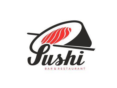 Japon somon balığı restoranı ve Asya mutfağı için bar ikonu, vektör amblemi. Suşi restoranı tabelası ya da Japon yemek büfesi sembolü somon suşisi ya da yemek çubuğuyla siluette makarna.