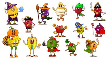 Havalı Cadılar Bayramı meyve karakterleri tuhaf kostümlü kutlama partisinde. Vektör kavun, üzüm, armut, ejderha meyvesi ve kabak kafalı Durian. Lychee, feijoa, bergamot ve portakallı Carambola.